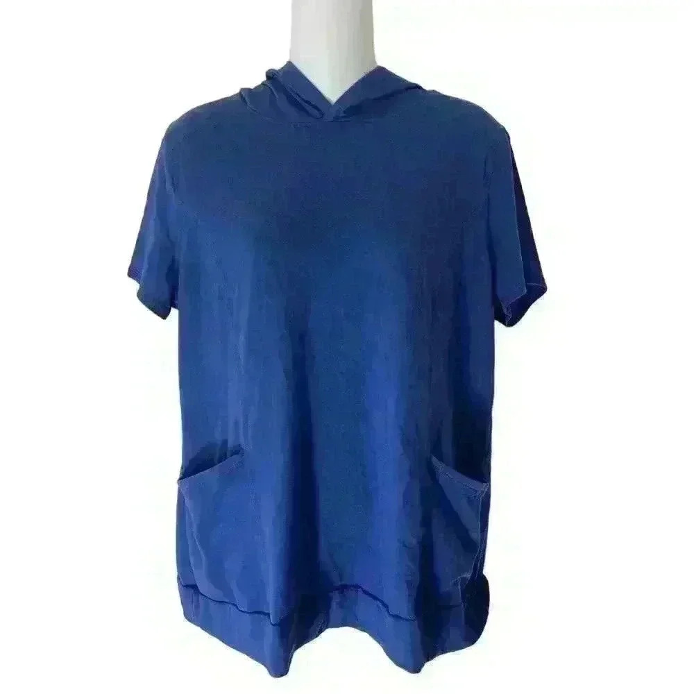 St Johns Bay Active Top Sz L Hooded Blue Shortsleeve Workout Womens